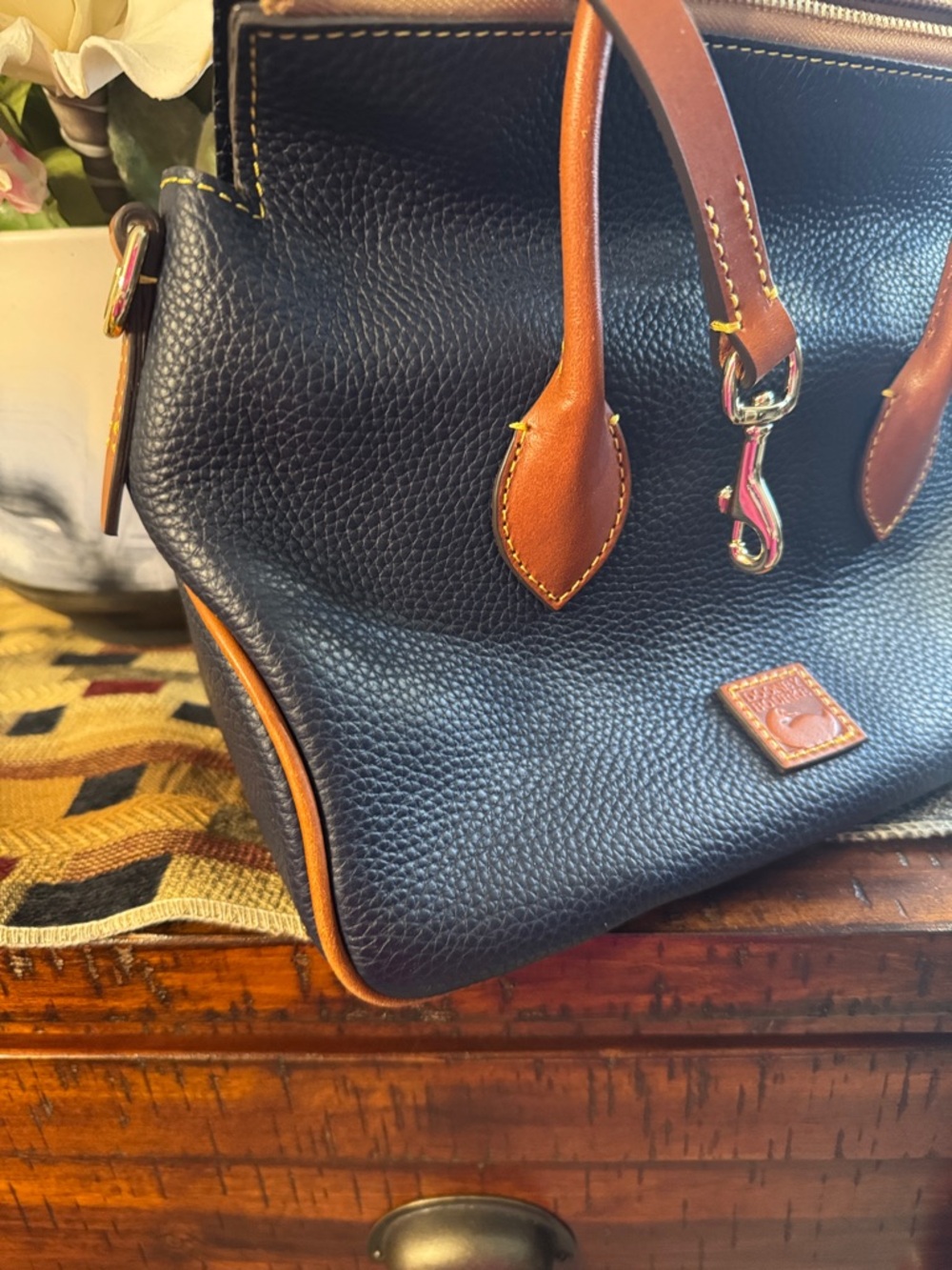 Dooney & Bourke Navy Pebbled Leather Crossbody Satchel with Brown Trim - Picture 2 of 10